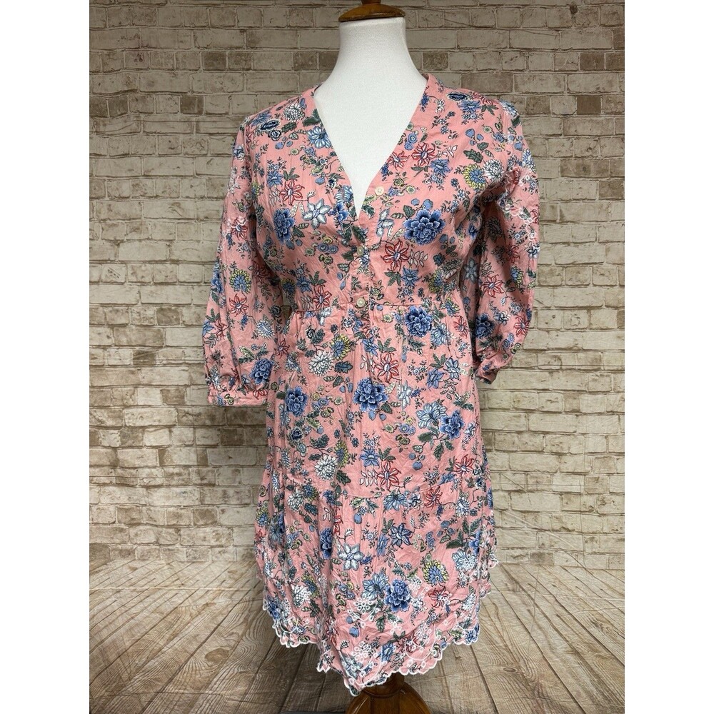 LOFT Pink Floral Swing Dress 3/4 Sleeve Lined Embroidered‎ Scalloped Hem Size 8